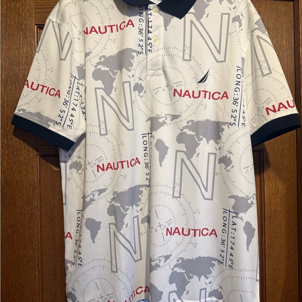 Nautica White Map-Print Polo with Navy Trim and Red Logos